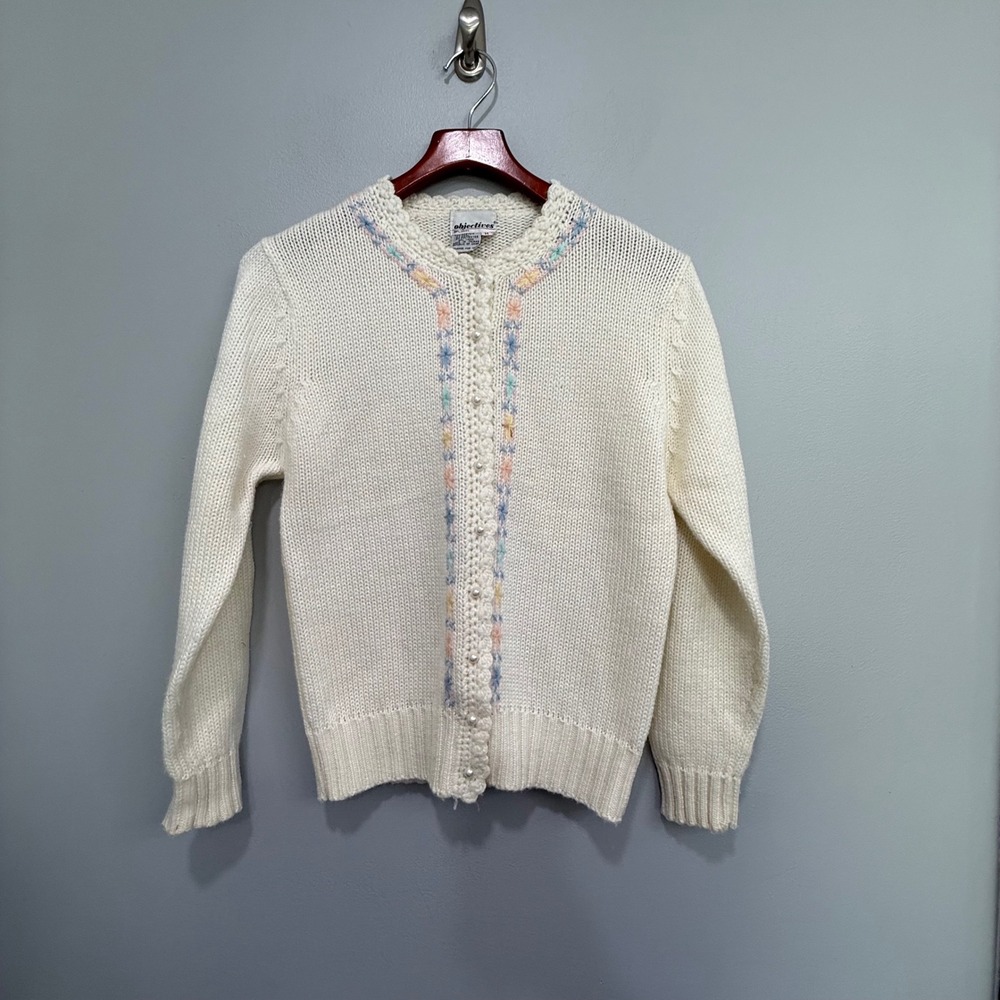 Vintage Objectives Cream Floral Embroidered Pearl Button Cardigan Sweater M